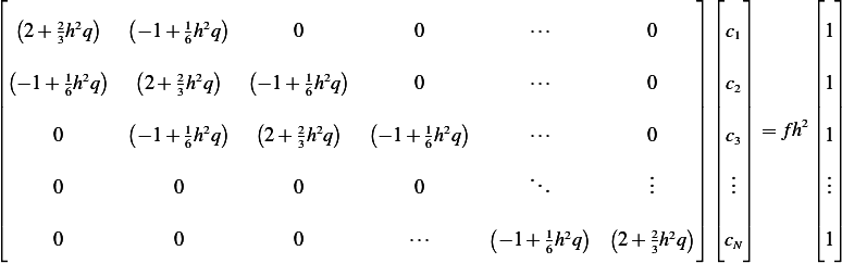 ⌊                                                                         ⌋ ⌊  ⌋       ⌊ ⌋
   (       )  (         )
||   2+ 23h2q    − 1+  16h2q        0            0           ⋅⋅⋅          0    || || c1||       ||1||
|                                                                         | |  |       | |
|| (− 1 + 1h2q) (2 + 2h2q)   (− 1+ 1h2q)       0           ⋅⋅⋅          0    || || c2||       ||1||
||       6           3            6                                        || ||  ||       || ||
||             (      12 )   (   2 2 )   (     1 2 )                       || ||  || = f h2|| ||
||      0       − 1+  6h q     2+ 3h q     − 1 + 6h q      ⋅⋅⋅          0    || || c3||       ||1||
||                                                                     .   || || .||       ||.||
|      0           0            0            0           ...           ..   | | ..|       |..|
||                                                                         || ||  ||       || ||
⌈                                                    (     1 2)  (    2 2)⌉ ⌈  ⌉       ⌈ ⌉
       0           0            0           ⋅⋅⋅      − 1+  6h q    2 + 3hq    cN         1

