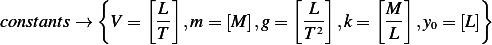            {     [L ]             [ L ]    [M ]        }
constants →   V =  -- ,m = [M],g =  -2- ,k = --  ,y0 = [L ]
                  T                T         L
