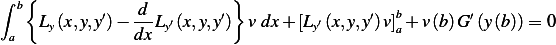 ∫ b{                      }
    Ly(x,y,y′)− d-Ly′(x,y,y′)  v dx + [Ly′(x,y,y′)v]b+ v(b)G′(y(b))= 0
 a             dx                            a
