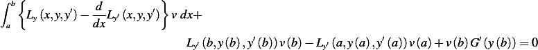 ∫ b{            d          }
    Ly(x,y,y′)− ---Ly′(x,y,y′) v dx+
 a             dx
                               Ly′(b,y(b),y′(b))v(b)− Ly′(a,y (a) ,y′(a))v(a)+ v(b)G′(y(b))= 0
