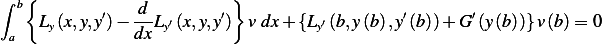 ∫  {                      }
  b L (x,y,y′)− -d-L′(x,y,y′) v dx+ {L ′(b,y(b),y′(b)) + G′(y(b))}v (b) = 0
 a    y        dx  y                y
