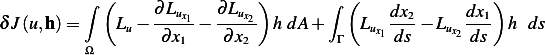           ∫ (                 )       ∫ (                )
                  ∂Lux1  ∂Lux2               dx2      dx1
δJ (u,h )=     Lu−  ∂x1 −  ∂x2   h dA + Γ  Lux1ds − Lux2ds   h ds
          Ω
