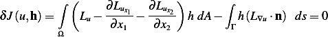           ∫ (     ∂Lux1   ∂Lux2)       ∫
δJ(u,h) =    Lu − ∂-x--− -∂x-- h dA −   h(L∇u⋅n) ds = 0
          Ω          1      2          Γ
