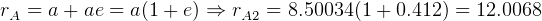 rA = a + ae = a(1+ e) ⇒ rA2 = 8.50034 (1 + 0.412 ) = 12.0068  