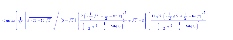 `+`(arcsinh(`+`(tan(x), 1)), `/`(`*`(`/`(1, 10), `*`(`^`(`+`(`/`(`*`(10, `*`(`^`(`+`(`-`(`*`(`/`(1, 2), `*`(`^`(5, `/`(1, 2))))), `/`(1, 2), tan(x)), 2))), `*`(`^`(`+`(`-`(`*`(`/`(1, 2), `*`(`^`(5, `/...