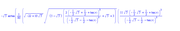 `+`(arcsinh(`+`(tan(x), 1)), `/`(`*`(`/`(1, 10), `*`(`^`(`+`(`/`(`*`(10, `*`(`^`(`+`(`-`(`*`(`/`(1, 2), `*`(`^`(5, `/`(1, 2))))), `/`(1, 2), tan(x)), 2))), `*`(`^`(`+`(`-`(`*`(`/`(1, 2), `*`(`^`(5, `/...