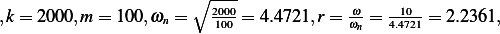                       ∘  2000-            ω    10
,k = 2000,m = 100,ωn =   100-= 4.4721,r = ωn = 4.4721 = 2.2361, 