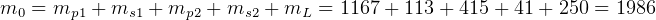 m0 = mp1 + ms1 + mp2 + ms2 + mL = 1167 + 113 + 415+ 41 + 250 = 1986  